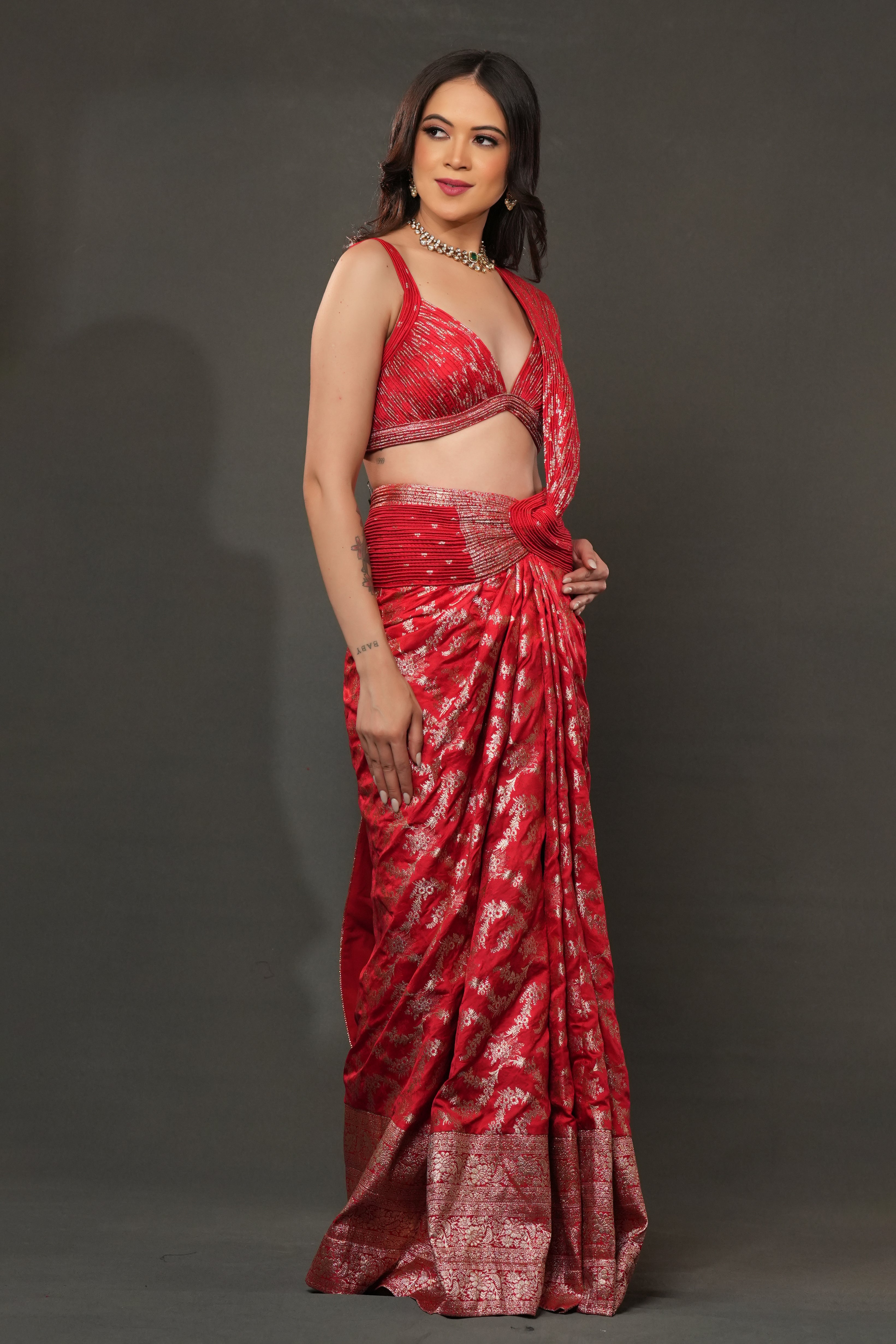 Banarasi Opulence Drape – Crimson Red